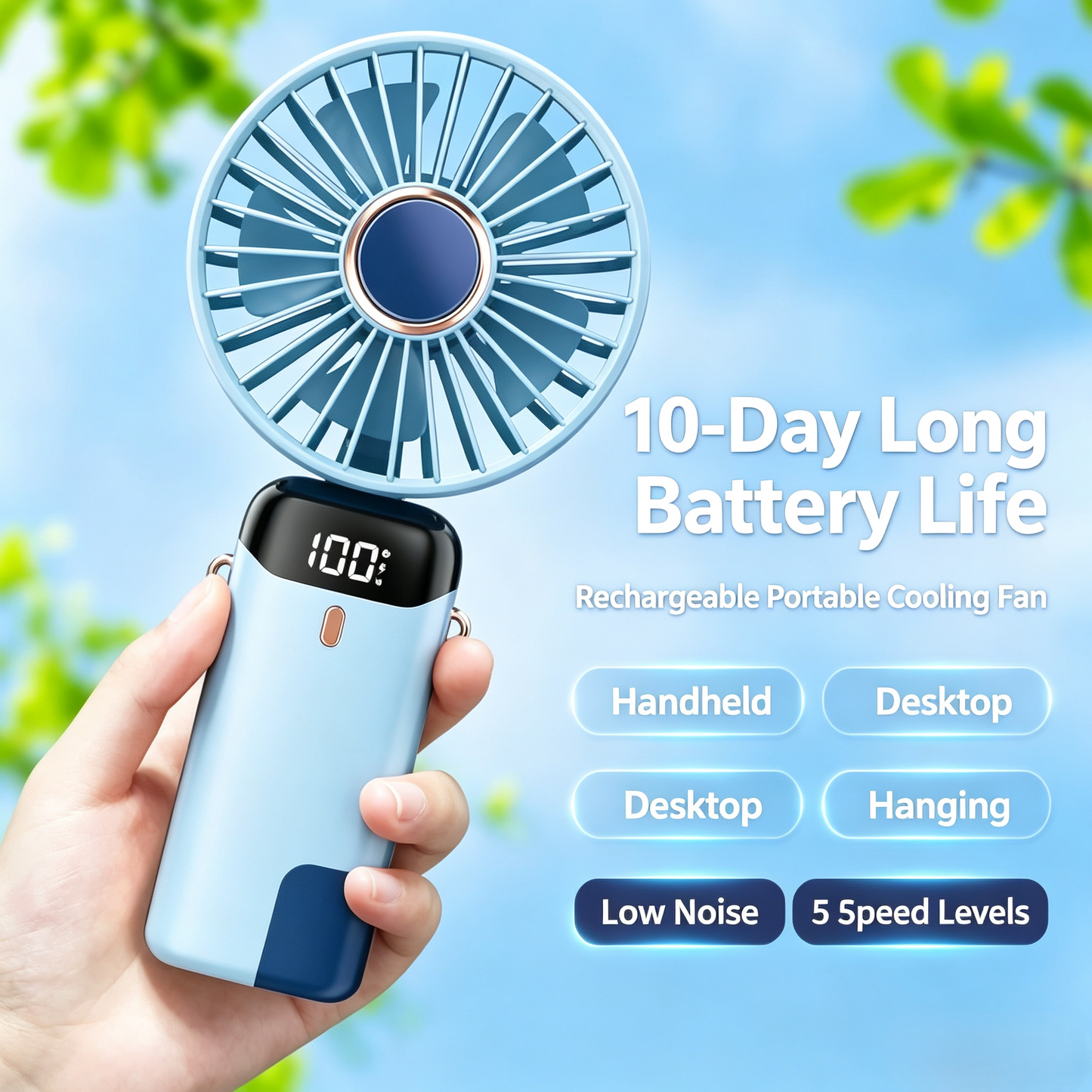 2-in-1 Foldable Rechargeable Handheld Portable Fan Short